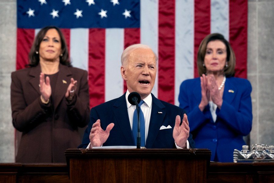 FILE - President Joe Biden delivers his State of the Union address to a joint session of Congress at the Capitol, March 1, 2022, in Washington. President Joe Biden dropped out of the 2024 race for the White House on Sunday, July 21, ending his bid for reelection following a disastrous debate with Donald Trump that raised doubts about his fitness for office just four months before the election. (Saul Loeb, Pool via AP, File)