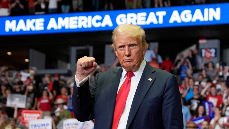 Republican presidential candidate former President Donald Trump reacts after speaking at a campaign rally, Saturday, July 20, 2024, in Grand Rapids, Mich. (AP Photo/Evan Vucci)