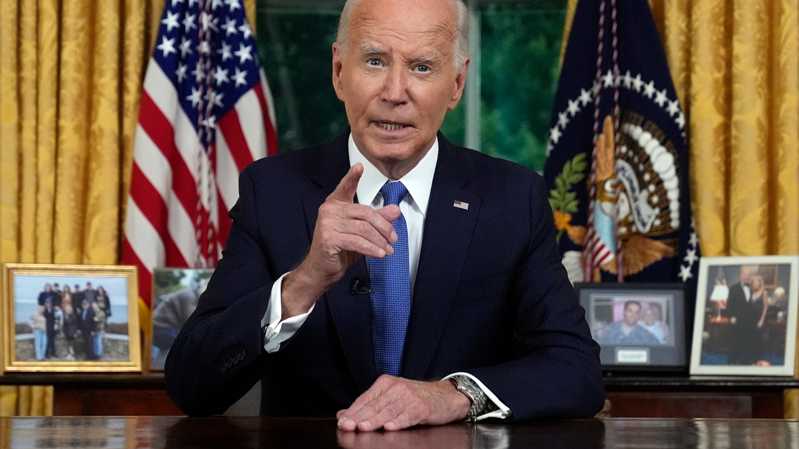 President Joe Biden addresses the nation from the Oval Office of the White House in Washington, Wednesday, July 24, 2024, about his decision to drop his Democratic presidential reelection bid. (AP Photo/Evan Vucci, Pool)