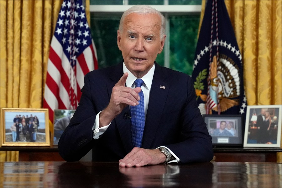 President Joe Biden addresses the nation from the Oval Office of the White House in Washington, Wednesday, July 24, 2024, about his decision to drop his Democratic presidential reelection bid. (AP Photo/Evan Vucci, Pool)