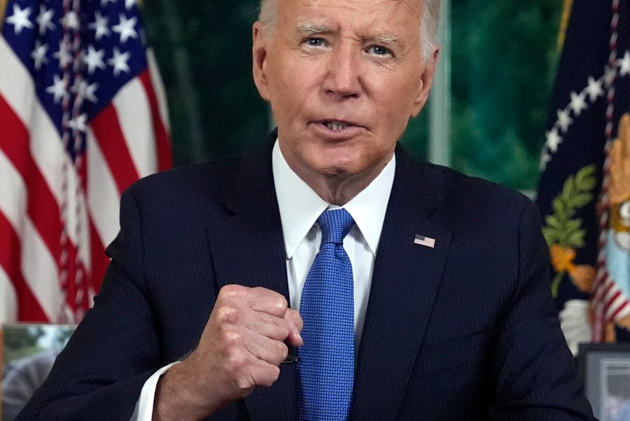 President Joe Biden addresses the nation from the Oval Office of the White House in Washington, Wednesday, July 24, 2024, about his decision to drop his Democratic presidential reelection bid. (AP Photo/Evan Vucci, Pool)