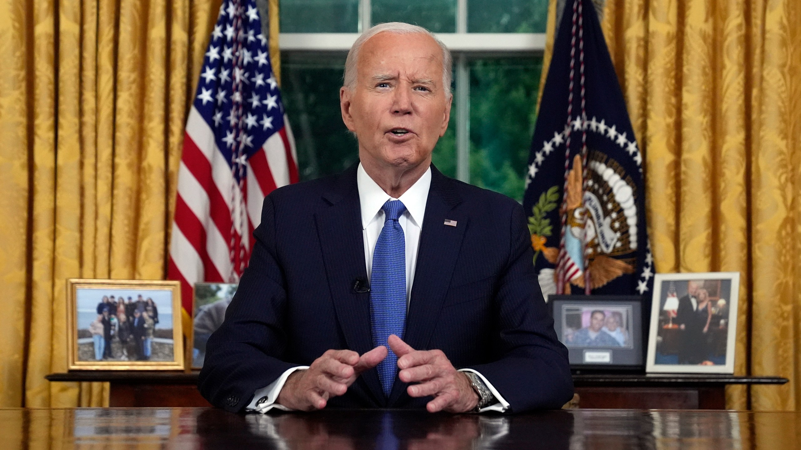 President Joe Biden addresses the nation from the Oval Office of the White House in Washington, Wednesday, July 24, 2024, about his decision to drop his Democratic presidential reelection bid. (AP Photo/Evan Vucci, Pool)