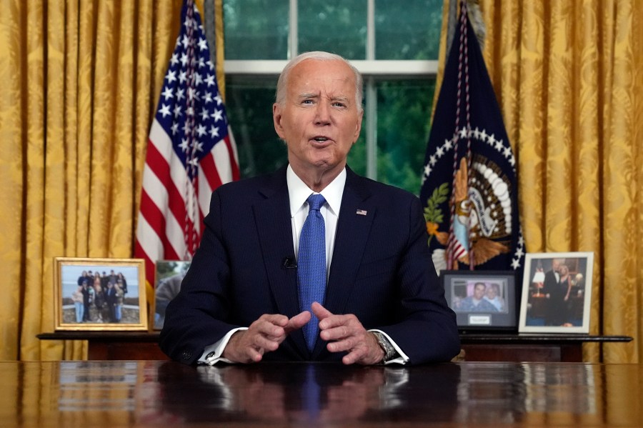 President Joe Biden addresses the nation from the Oval Office of the White House in Washington, Wednesday, July 24, 2024, about his decision to drop his Democratic presidential reelection bid. (AP Photo/Evan Vucci, Pool)