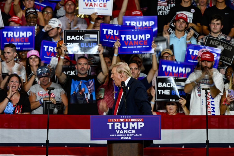 Republican presidential candidate former President Donald Trump speaks at a campaign rally in Charlotte, N.C., Wednesday, July 24, 2024. (AP Photo/Matt Kelley)