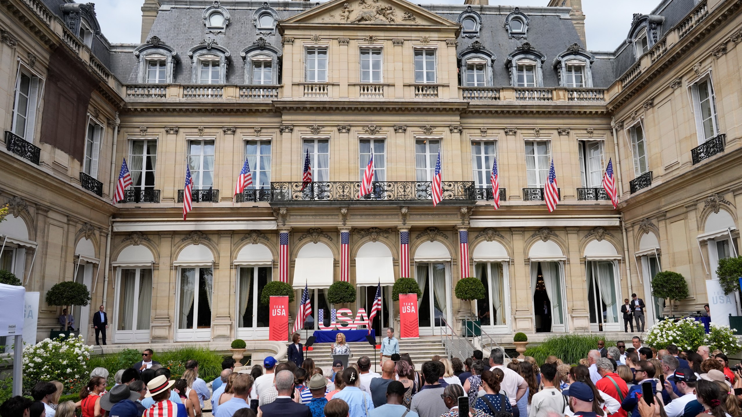 First lady Jill Biden delivers remarks to family members of the U.S. Olympic team at the U.S. Ambassador's residence before the start of the 2024 Summer Olympics, Thursday, July 25, 2024, in Paris, France. (AP Photo/George Walker IV)