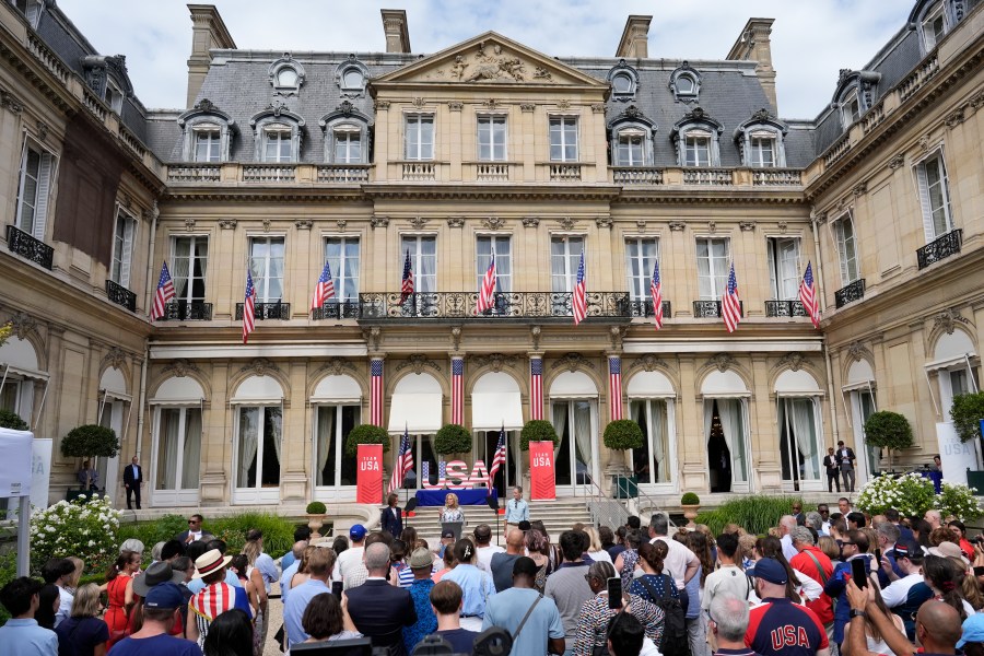 First lady Jill Biden delivers remarks to family members of the U.S. Olympic team at the U.S. Ambassador's residence before the start of the 2024 Summer Olympics, Thursday, July 25, 2024, in Paris, France. (AP Photo/George Walker IV)