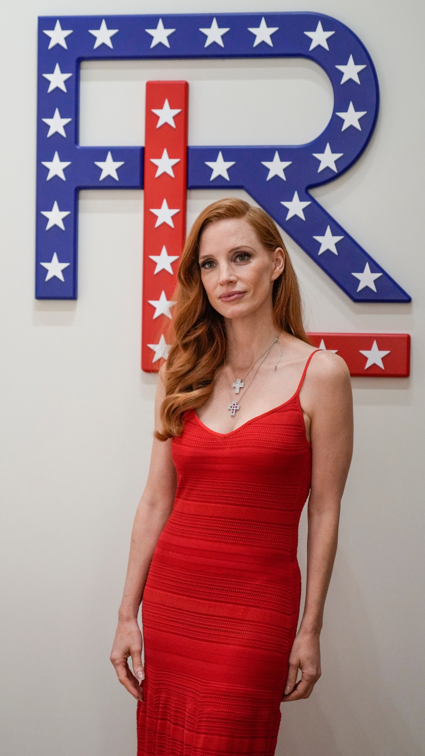 Jessica Chastain poses for photographers upon arrival at a Ralph Lauren event during the 2024 Summer Olympics, Saturday, July 27, 2024, in Paris, France. (AP Photo/Natacha Pisarenko)