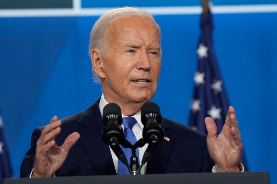 President Joe Biden speaks at a news conference following the NATO Summit in Washington.