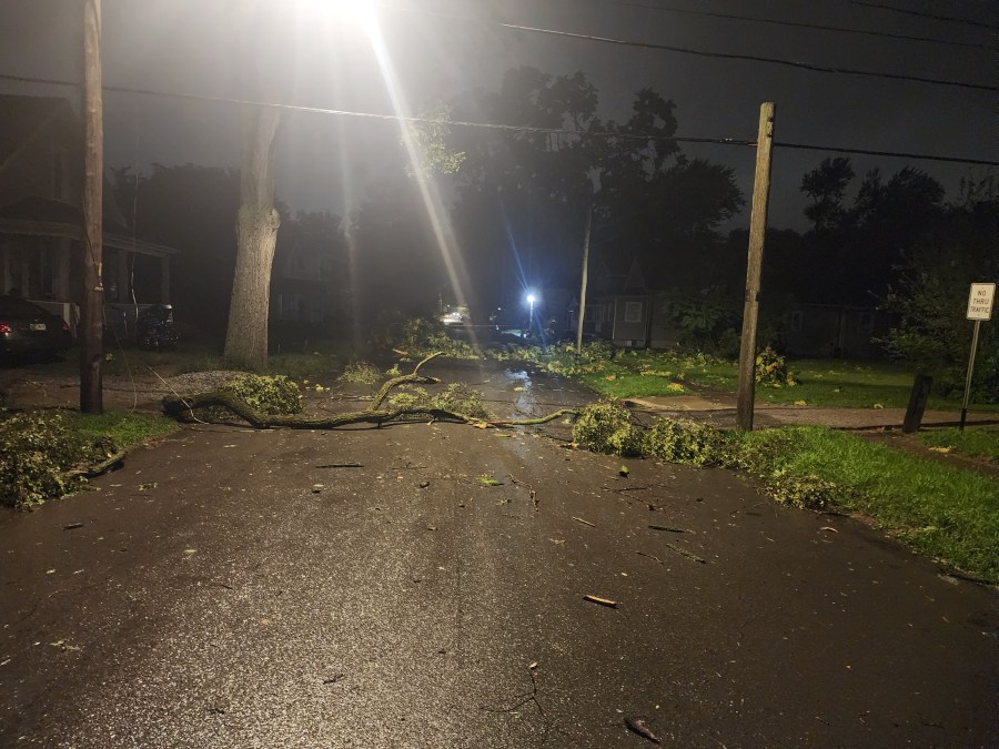 Damage on Burgess St. Marys Avenue in Fort Wayne, Indiana, after severe storms tore through the area on July 15, 2024. 