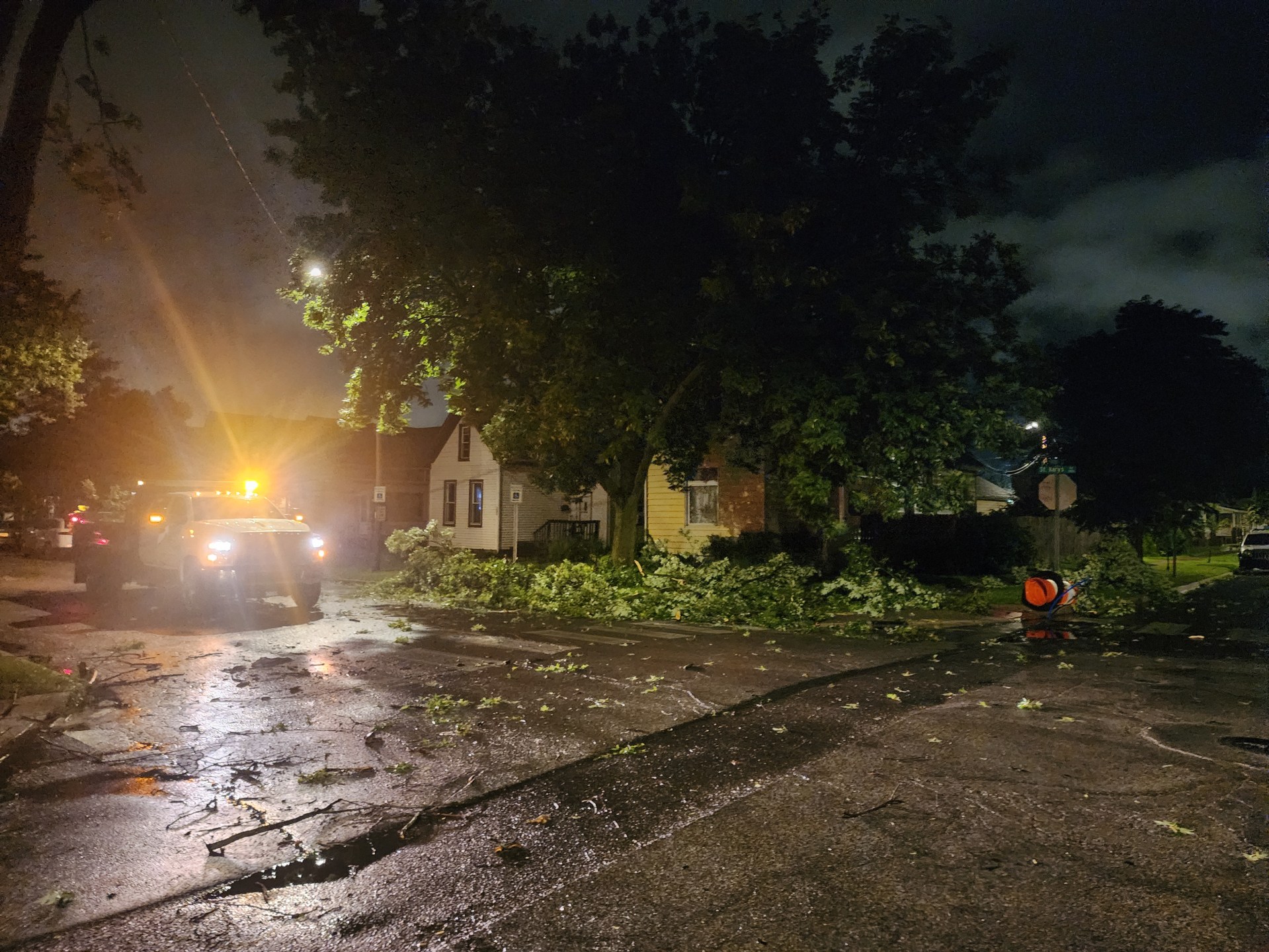 Damage on Burgess St. Marys Avenue in Fort Wayne, Indiana, after severe storms tore through the area on July 15, 2024.