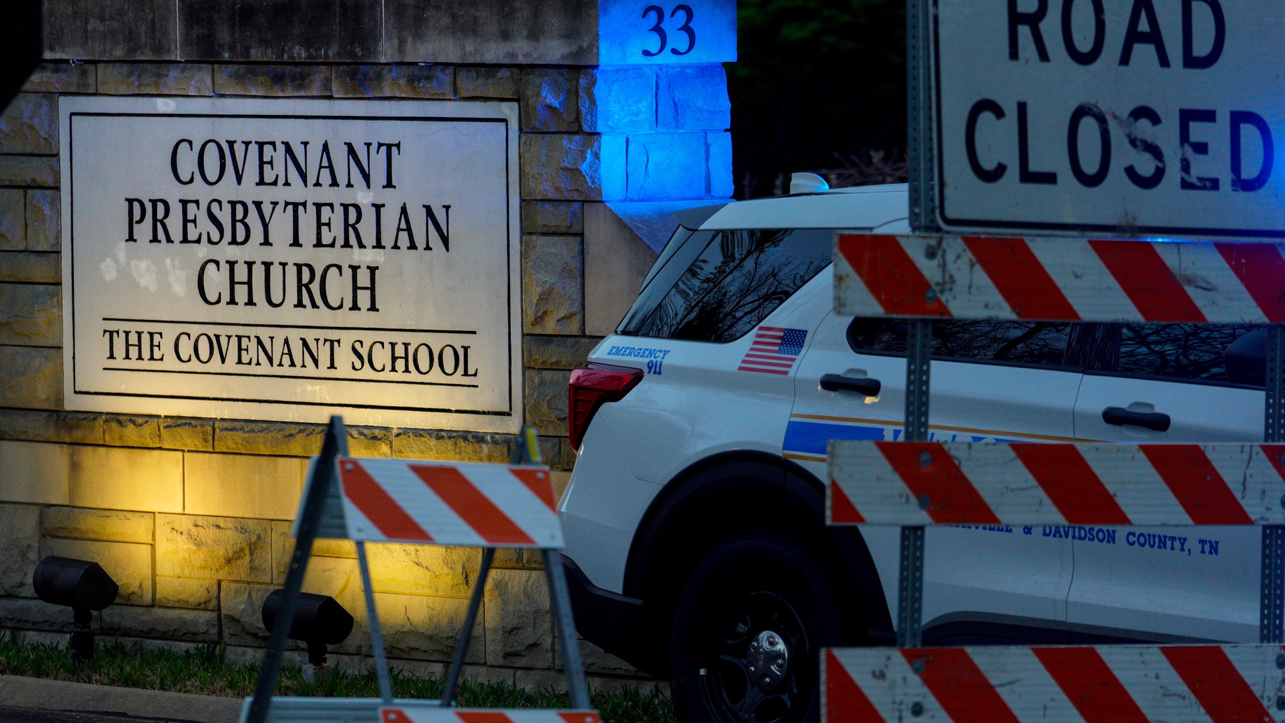 Nashville police block the entrance of the Covenant School, after three children and three adults were gunned down in on March 27, 2023.