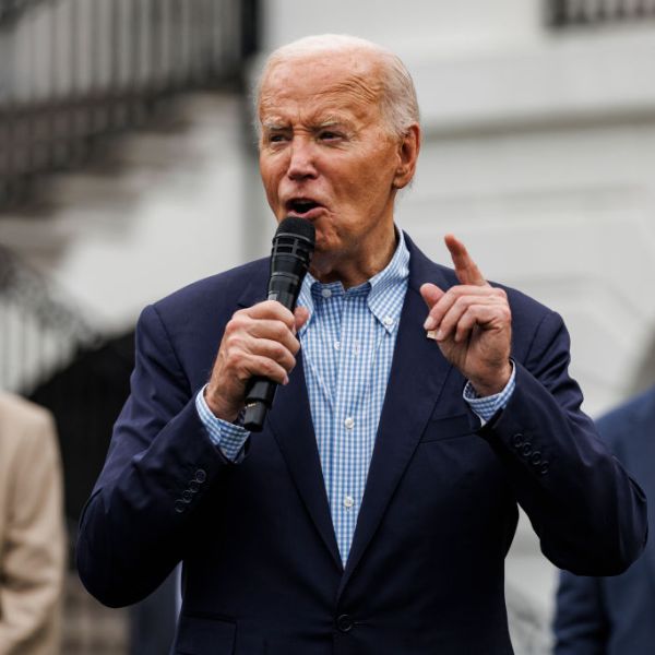 US President Joe Biden speaks during a 4th of July event on the South Lawn of the White House.