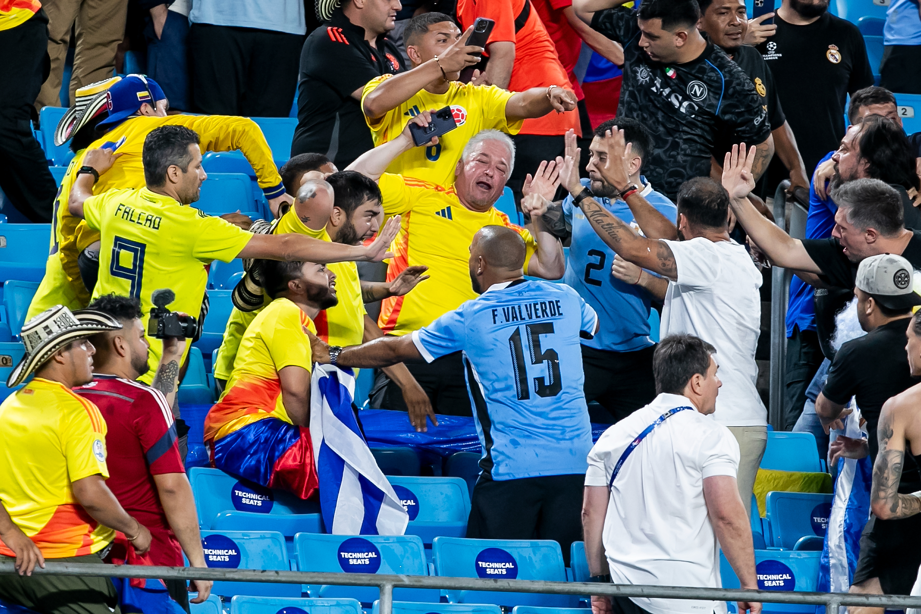 CHARLOTTE, NC - JULY 10: Fans fight each other in the stands after the CONMEBOL Copa America semifinal between Uruguay and Colombia on Wednesday July 10, 2024 at Bank of America Stadium in Charlotte, NC. (Photo by Nick Tre. Smith/Icon Sportswire via Getty Images)