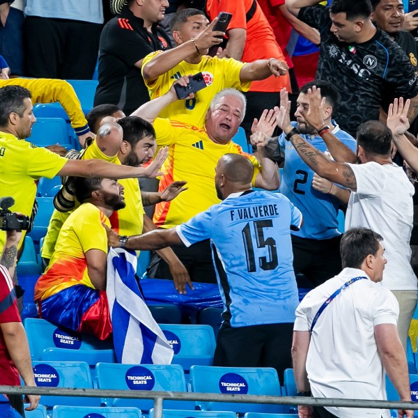 CHARLOTTE, NC - JULY 10: Fans fight each other in the stands after the CONMEBOL Copa America semifinal between Uruguay and Colombia on Wednesday July 10, 2024 at Bank of America Stadium in Charlotte, NC. (Photo by Nick Tre. Smith/Icon Sportswire via Getty Images)