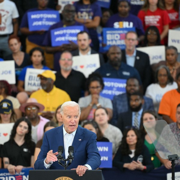 President Joe Biden speaks during a campaign event at Renaissance High School in Detroit, Michigan.