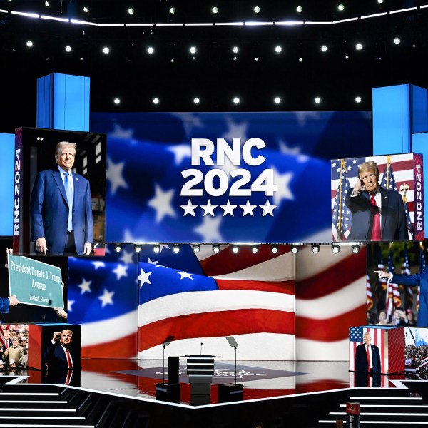 A view of the convention floor before the 2024 Republican National Convention at the Fiserv Forum on July 14, 2024 in Milwaukee, Wisconsin.