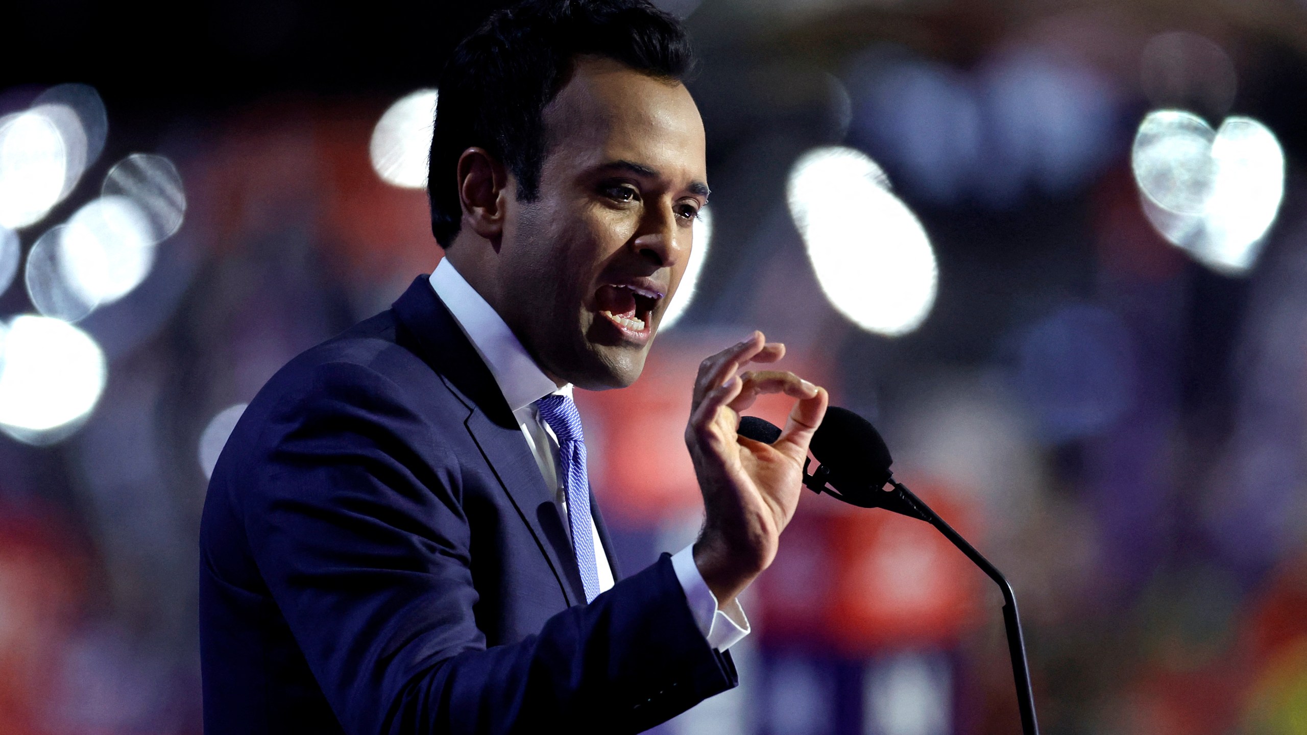 US entrepreneur and former Republican presidential hopeful Vivek Ramaswamy speaks during the RNC.