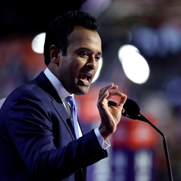 US entrepreneur and former Republican presidential hopeful Vivek Ramaswamy speaks during the RNC.