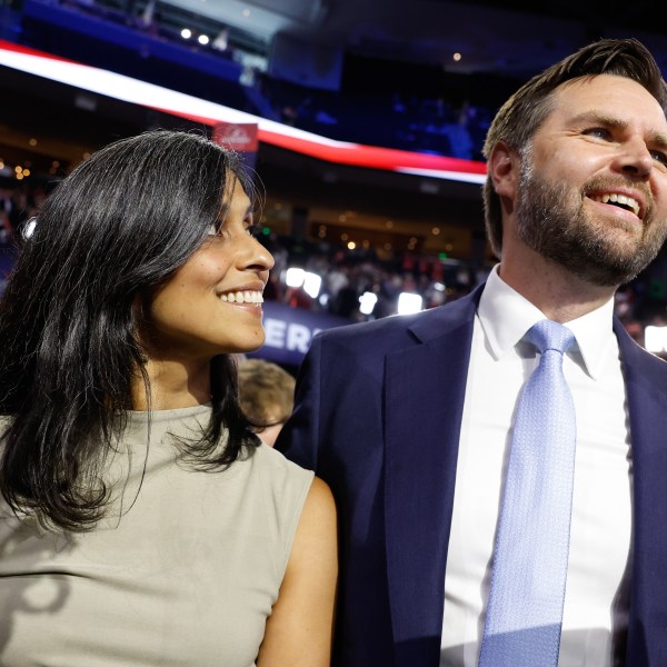 U.S. Sen. J.D. Vance and his wife Usha Chilukuri Vance look on as he is nominated for the office of vice president at the RNC.