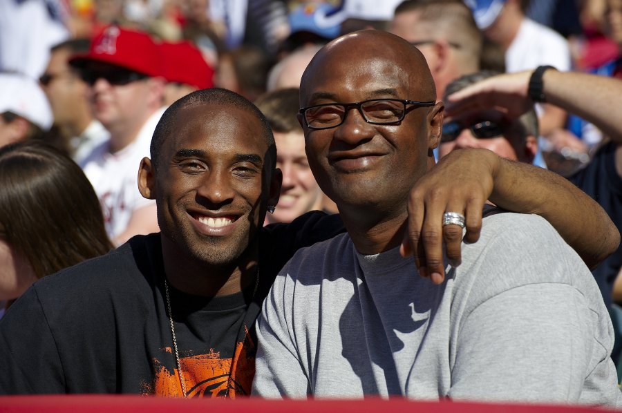 Closeup of Kobe Bryant with his father Joe Bryant during Los Angeles Angels of Anaheim vs Los Angeles Dodgers game. Anaheim, CA 6/21/2009