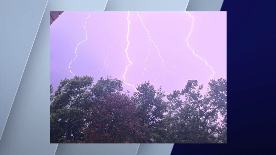 Large bolts of lightning piercing the sky in Shorewood, Illinois, were caught on camera on July 15, 2024 as storms rolled through the Chicagoland area.