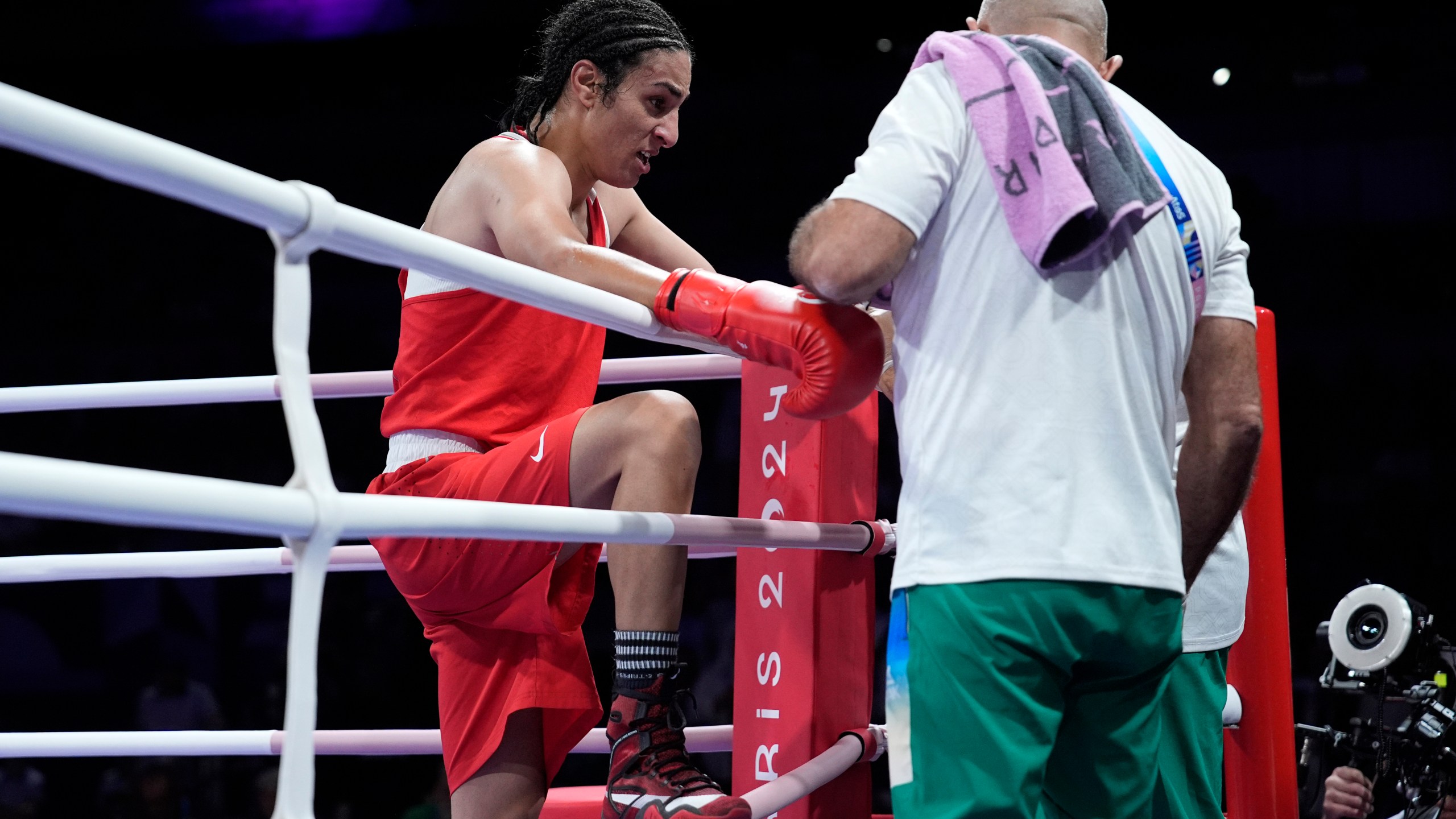 Algeria's Imane Khelif after defeating Hungary's Anna Hamori in their women's 66kg quarterfinal boxing match at the 2024 Summer Olympics, Saturday, Aug. 3, 2024, in Paris, France. (AP Photo/John Locher)