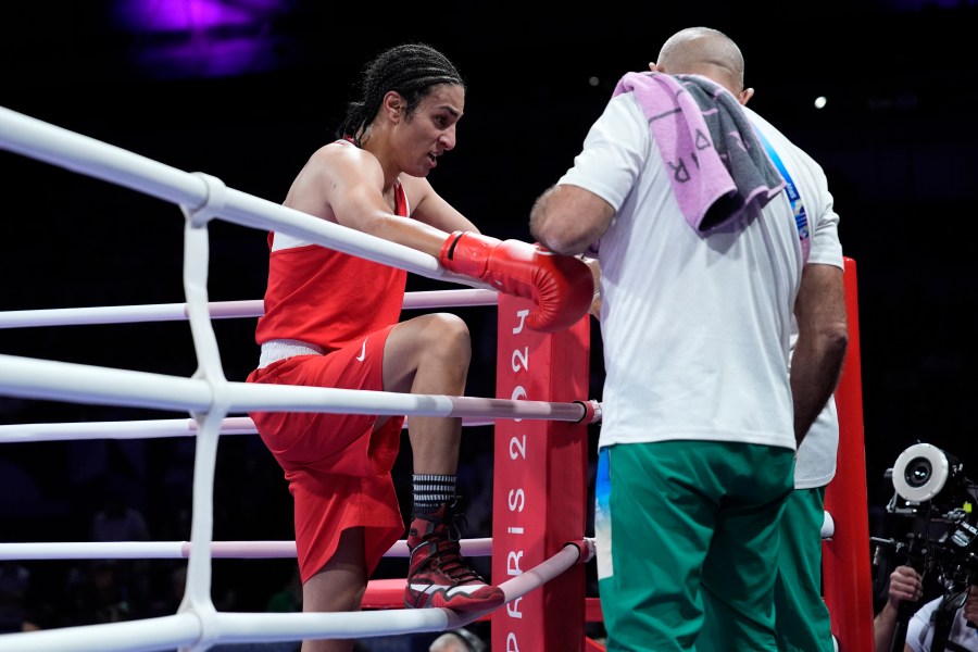 Algeria's Imane Khelif after defeating Hungary's Anna Hamori in their women's 66kg quarterfinal boxing match at the 2024 Summer Olympics, Saturday, Aug. 3, 2024, in Paris, France. (AP Photo/John Locher)