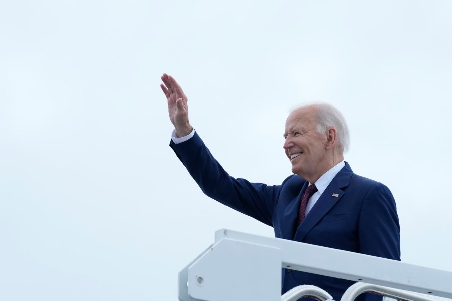 President Joe Biden waves from the top of the steps of Air Force One at Joint Base Andrews, Md., Thursday, Aug. 8, 2024, on his way to Wilmington, Del., to visit with his campaign staff. (AP Photo/Susan Walsh)