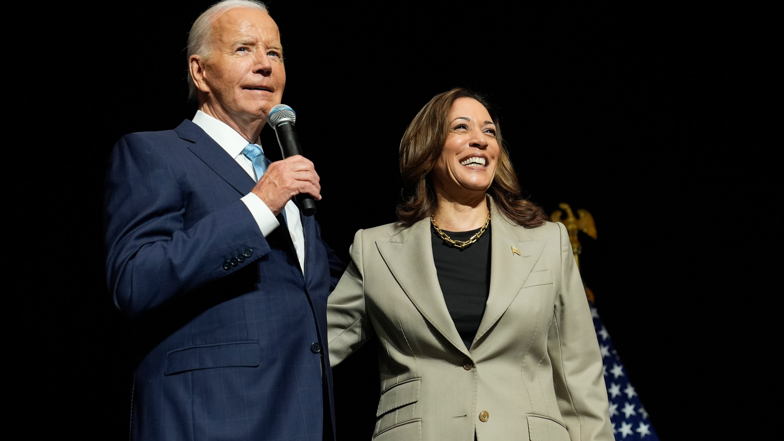 FILE - President Joe Biden, left, and Democratic presidential nominee Vice President Kamala Harris speak in Largo, Md., Aug. 15, 2024. (AP Photo/Susan Walsh, File)