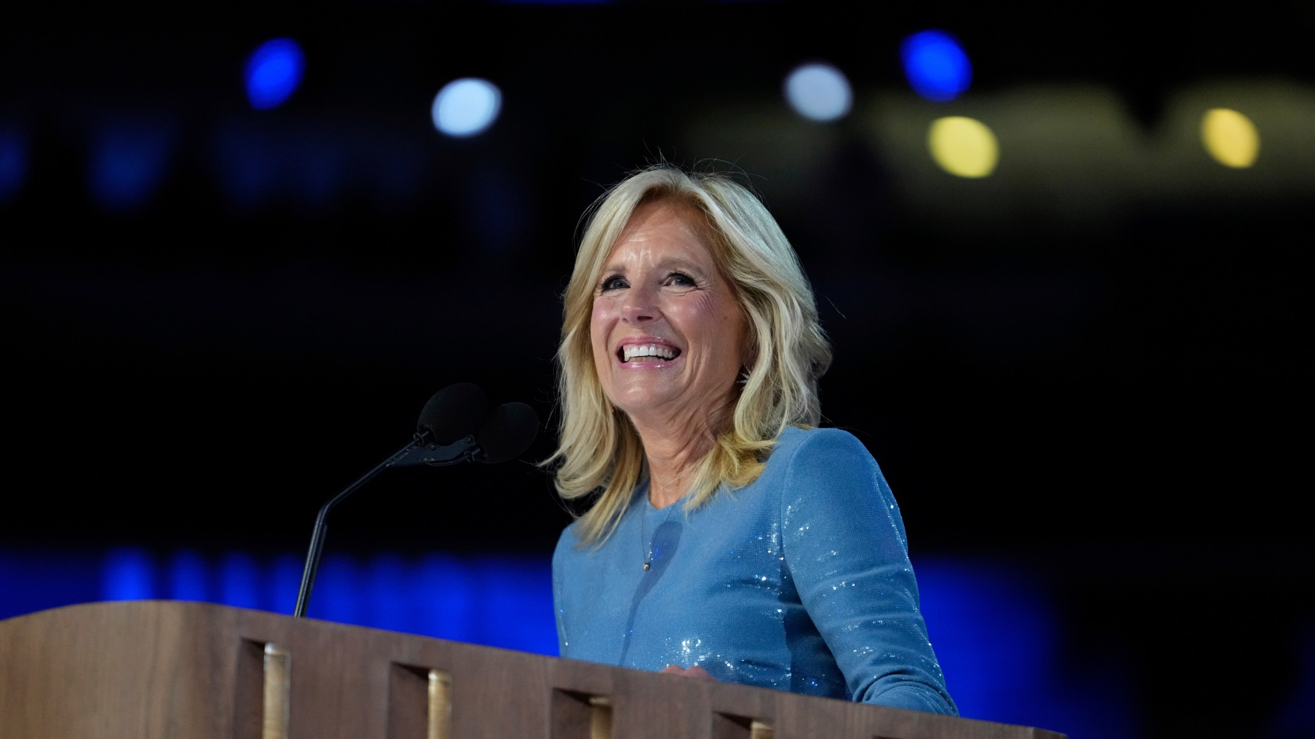 First Lady Jill Biden speaks during the Democratic National Convention Monday, Aug. 19, 2024, in Chicago. (AP Photo/Paul Sancya)