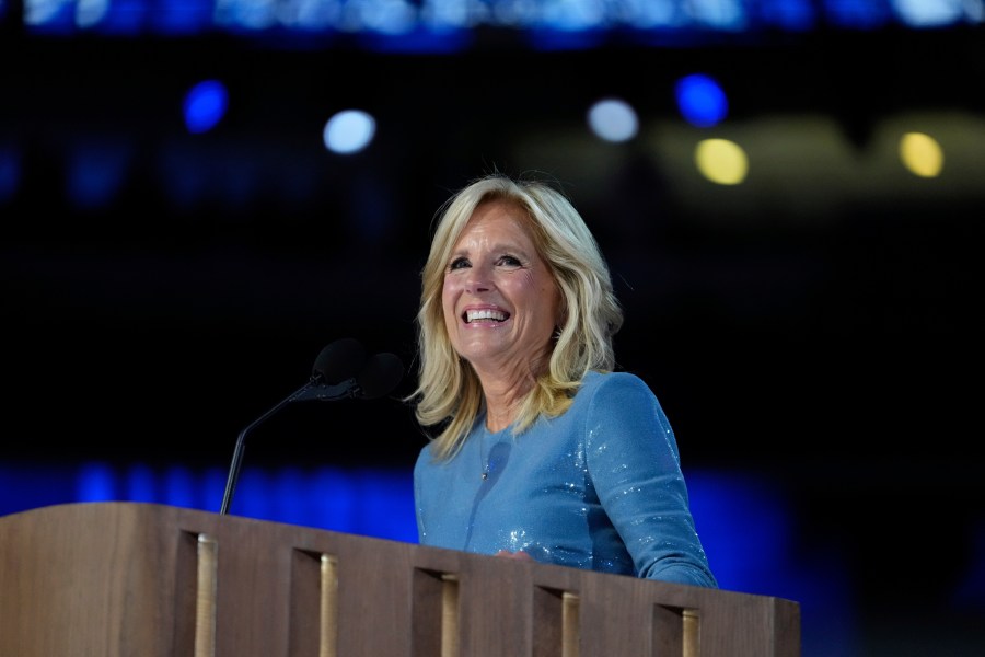 First Lady Jill Biden speaks during the Democratic National Convention Monday, Aug. 19, 2024, in Chicago. (AP Photo/Paul Sancya)