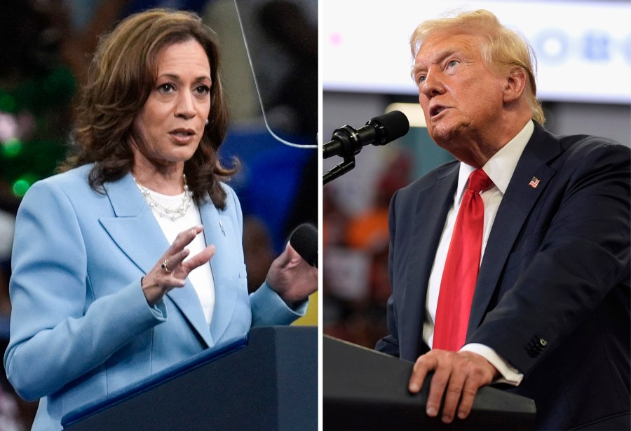 This combination of photos taken at campaign rallies in Atlanta shows Vice President Kamala Harris on July 30, 2024, left, and Republican presidential candidate former President Donald Trump on Aug. 3. (AP Photo)