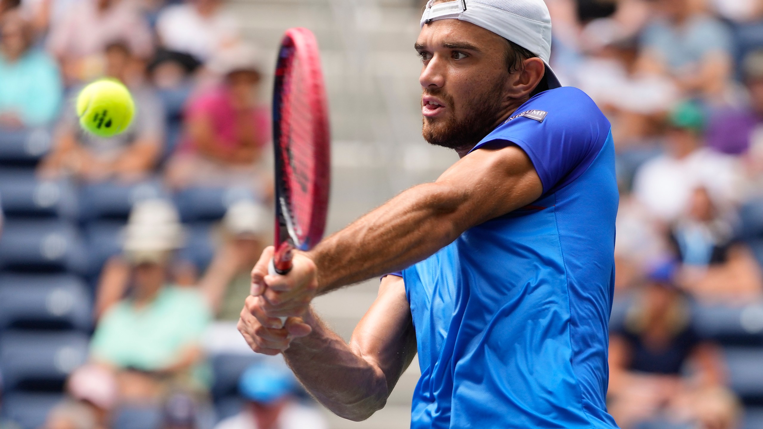 Tomas Machac, of the Czech Republic, returns a shot to Sebastian Korda, of the United States during the second round of the U.S. Open tennis championships, Thursday, Aug. 29, 2024, in New York. (AP Photo/Kirsty Wigglesworth)