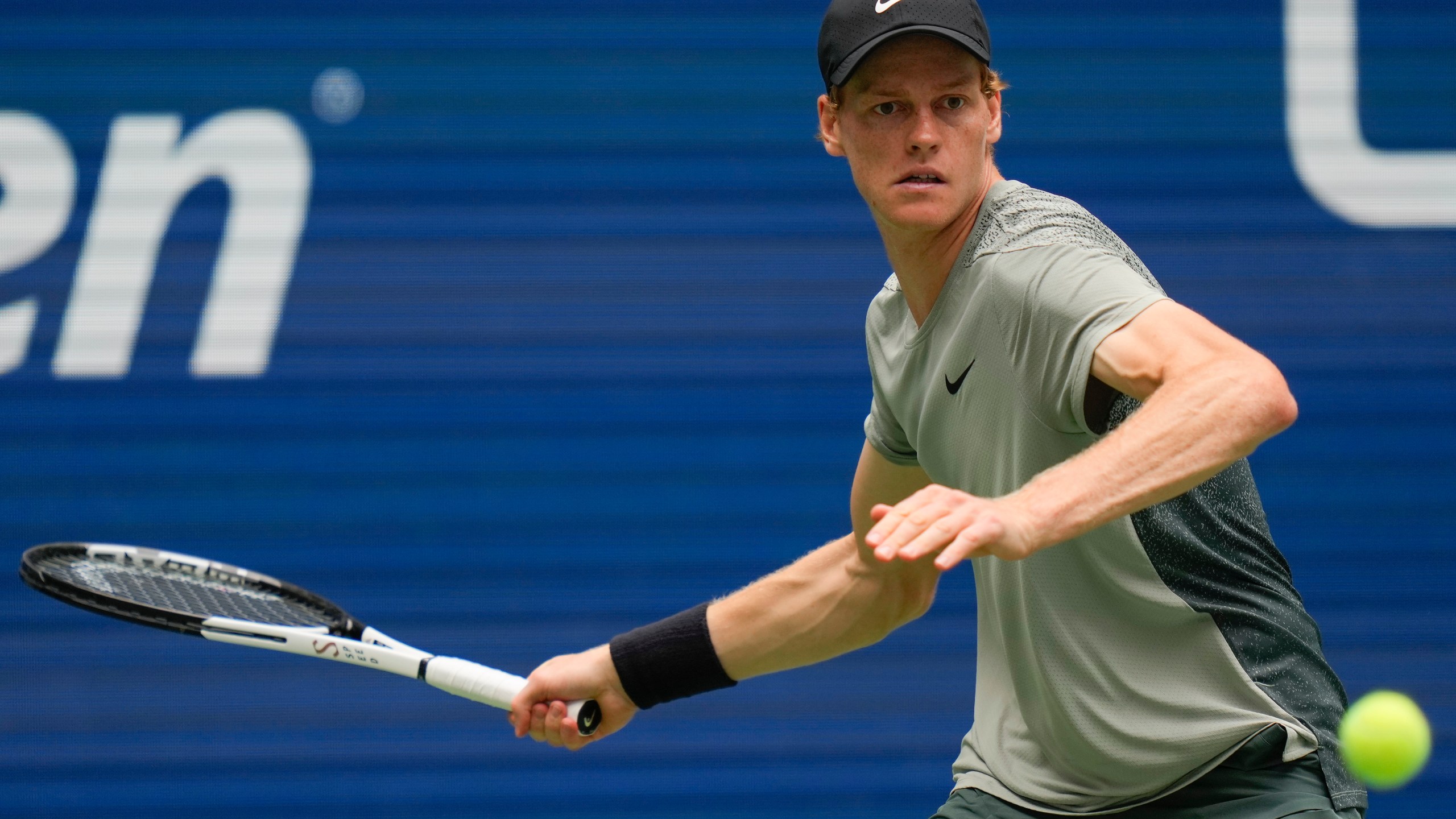 Jannik Sinner, of Italy, returns a shot to Alex Michelsen, of the United States, during the second round of the U.S. Open tennis championships, Thursday, Aug. 29, 2024, in New York. (AP Photo/Julia Nikhinson)