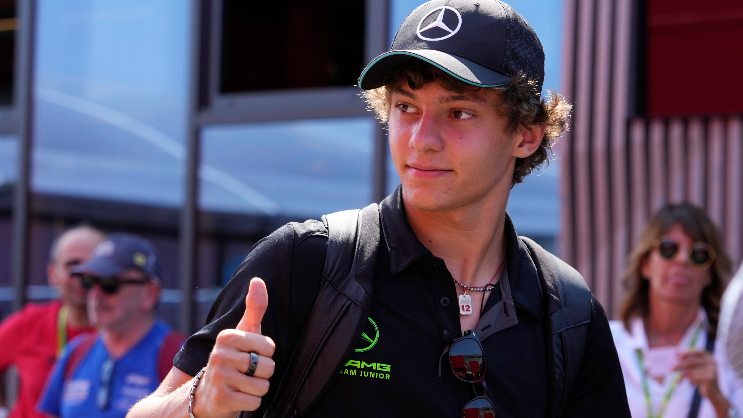 Mercedes driver Andrea Kimi Antonelli of Italy thus up in the paddock at the Monza racetrack, in Monza, Italy, Thursday, Aug.29, 2024. The Formula one race will be held on Sunday. (AP Photo/Luca Bruno)