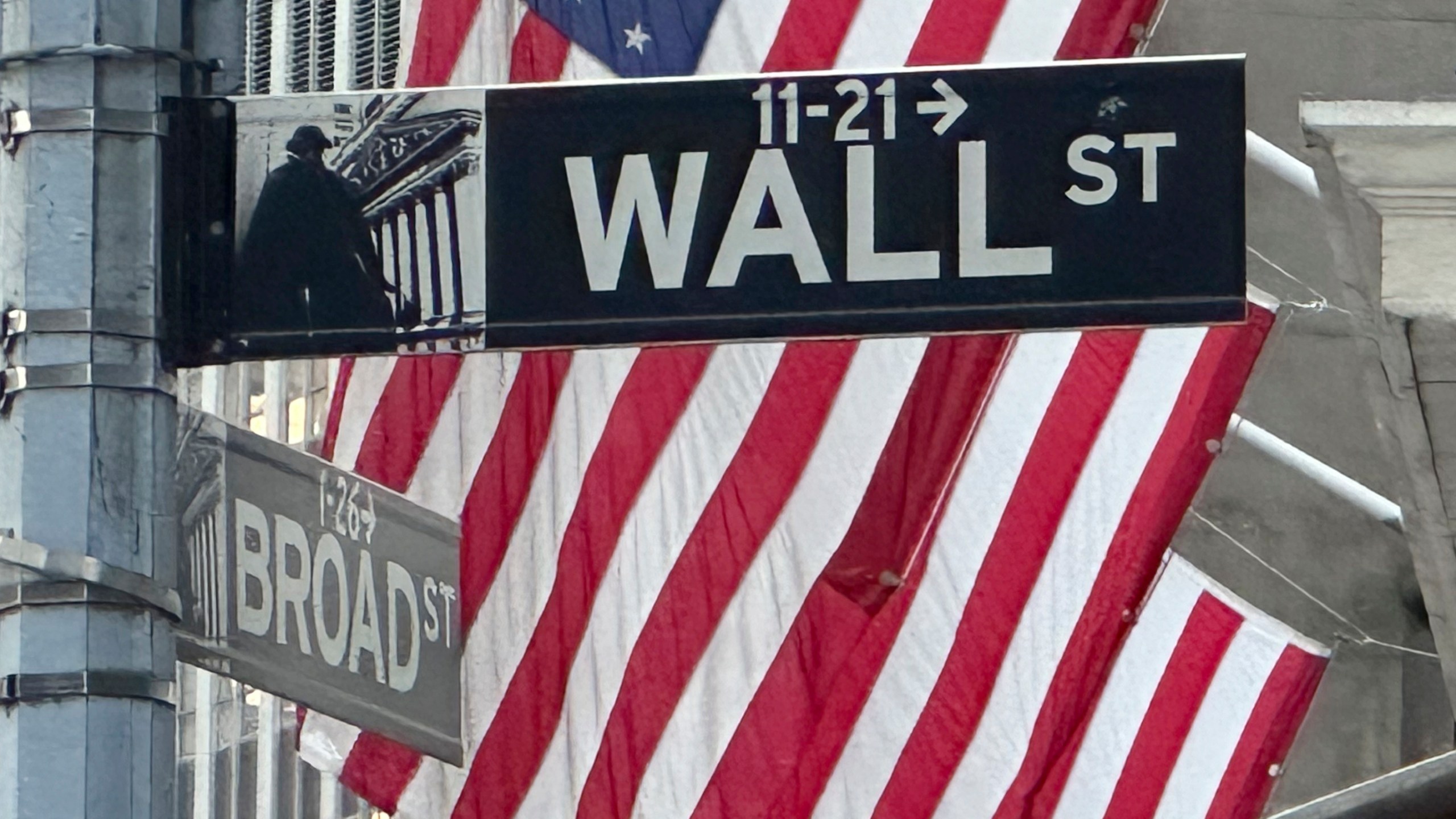 FILE - Signs at the intersection of Broad and Wall Streets stand near flags flying from the New York Stock Exchange on Sept. 4, 2024, in New York. (AP Photo/Peter Morgan, File)