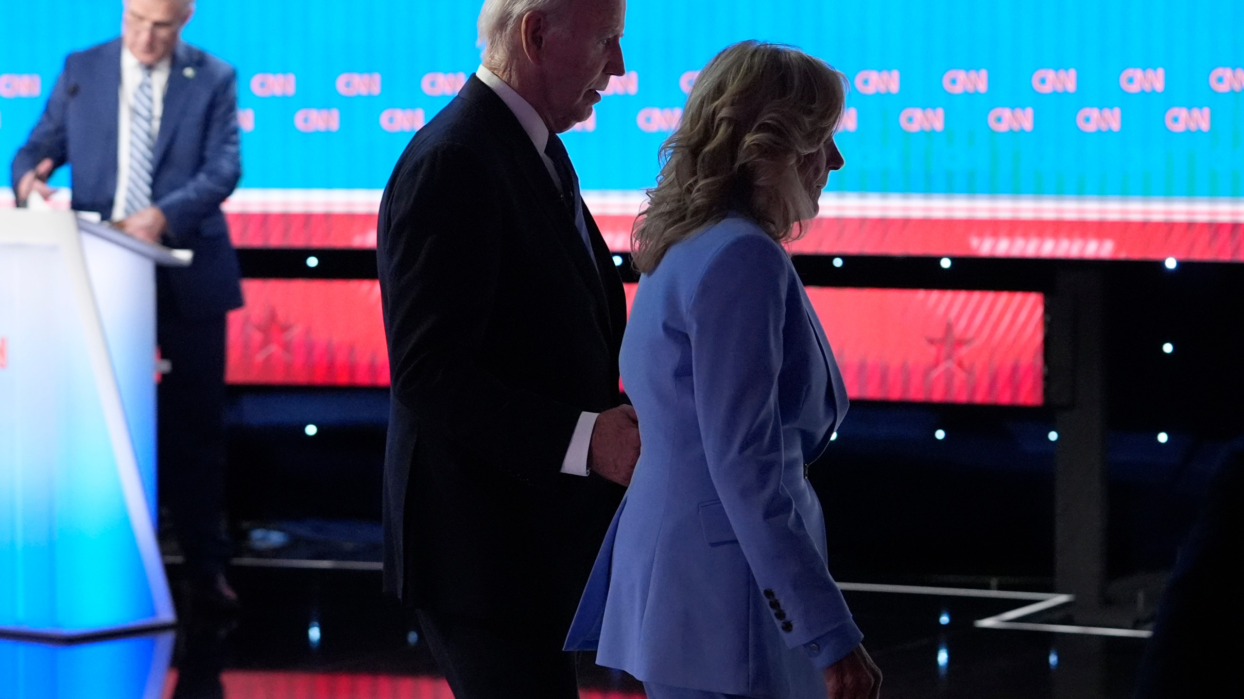 FILE - President Joe Biden, left, and first lady Jill Biden depart following a presidential debate with Republican presidential nominee former President Donald Trump hosted by CNN, Thursday, June 27, 2024, in Atlanta. (AP Photo/Gerald Herbert, File)