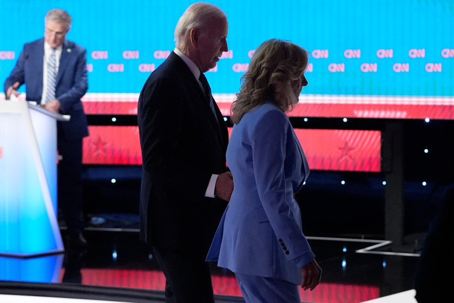 FILE - President Joe Biden, left, and first lady Jill Biden depart following a presidential debate with Republican presidential nominee former President Donald Trump hosted by CNN, Thursday, June 27, 2024, in Atlanta. (AP Photo/Gerald Herbert, File)