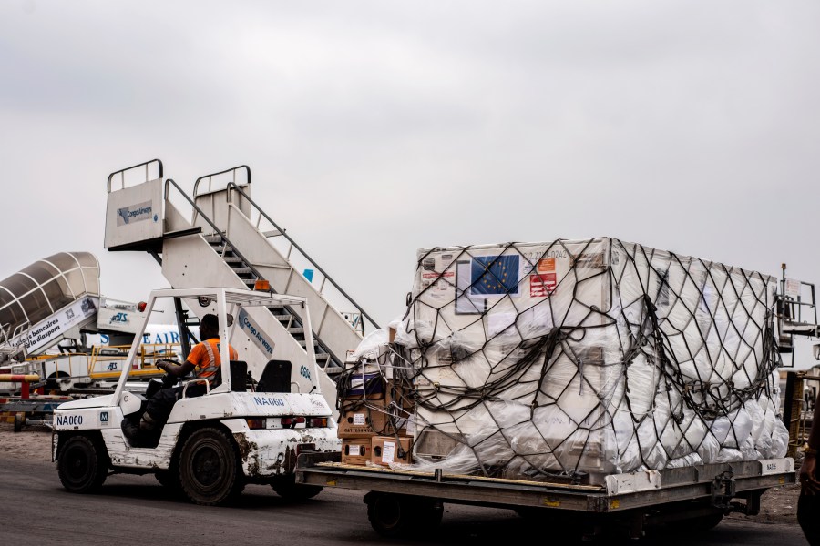 FILE- Mpox vaccine MVA-BN vaccine, manufactured by the Danish company Bavarian Nordic, are offloaded from a plane in Kinshasa, Congo, Sept. 5, 2024. (AP Photo/Samy Ntumba Shambuyi, File)