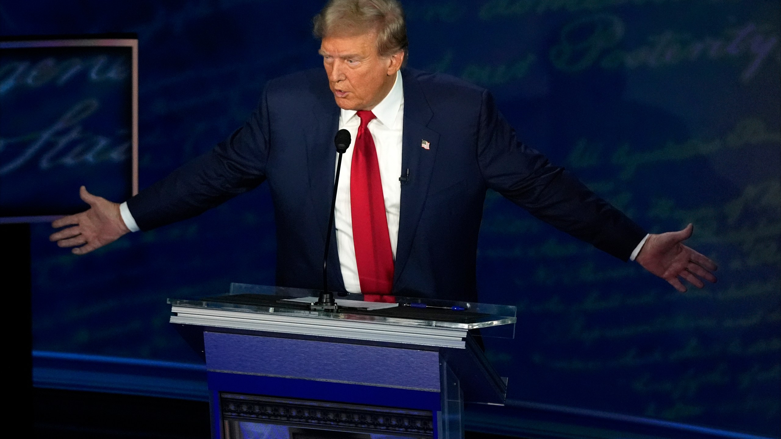 Republican presidential nominee former President Donald Trump speaks during a presidential debate with Democratic presidential nominee Vice President Kamala Harris at the National Constitution Center, Tuesday, Sept.10, 2024, in Philadelphia. (AP Photo/Alex Brandon)