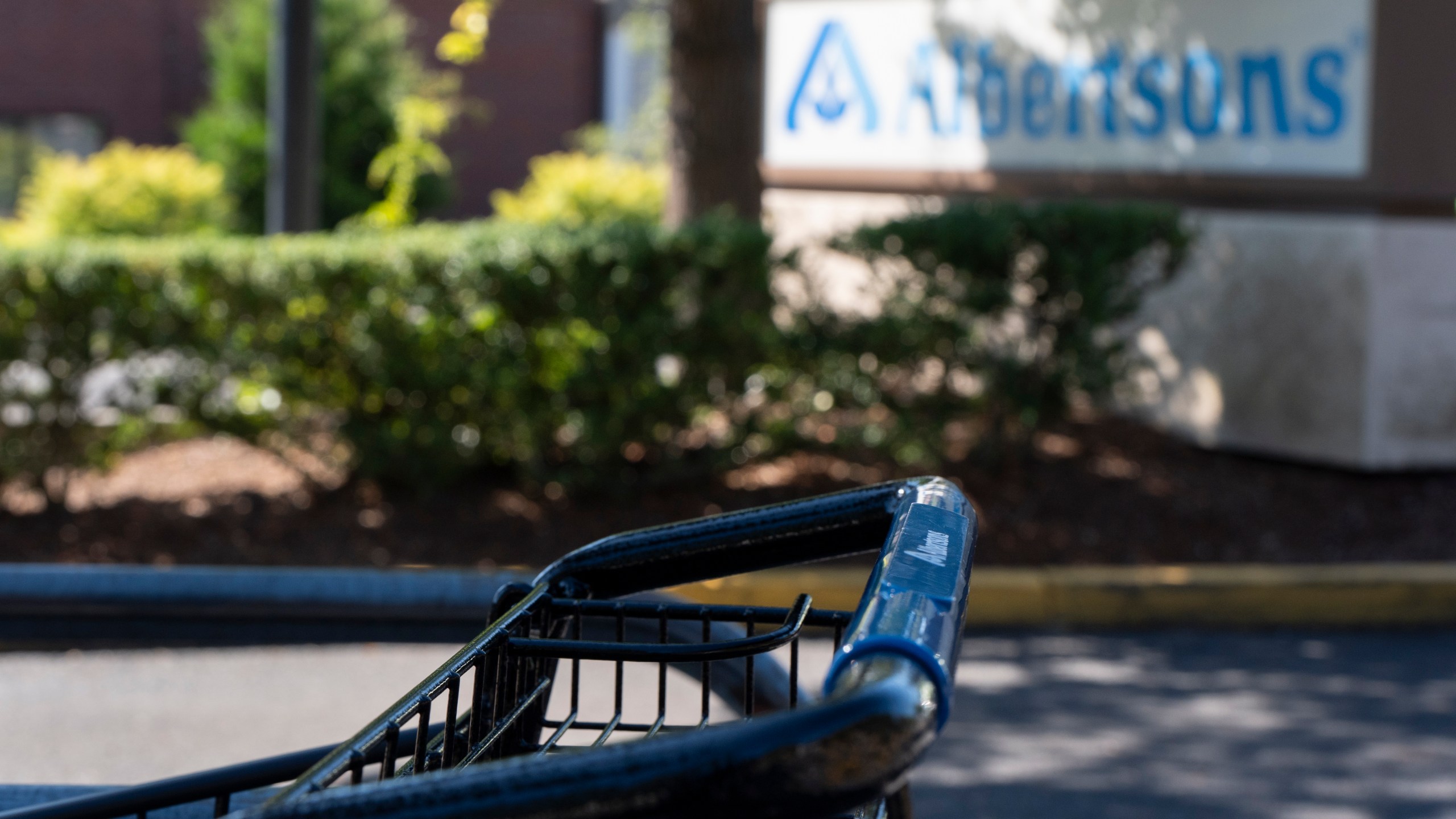 FILE - A grocery cart rests in a cart return area with a sign for Albertsons grocery store in the background on Aug. 26, 2024, in Lake Oswego, Ore. (AP Photo/Jenny Kane, File)