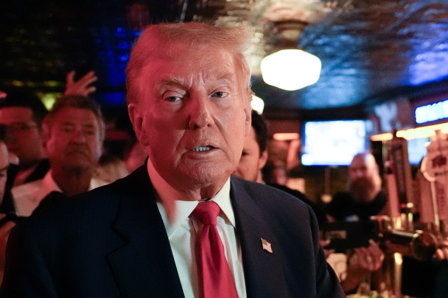 Republican presidential nominee former President Donald Trump makes a campaign stop at Pubkey Bar and Media House, Wednesday, Sept.18, 2024, in New York. (AP Photo/Alex Brandon)