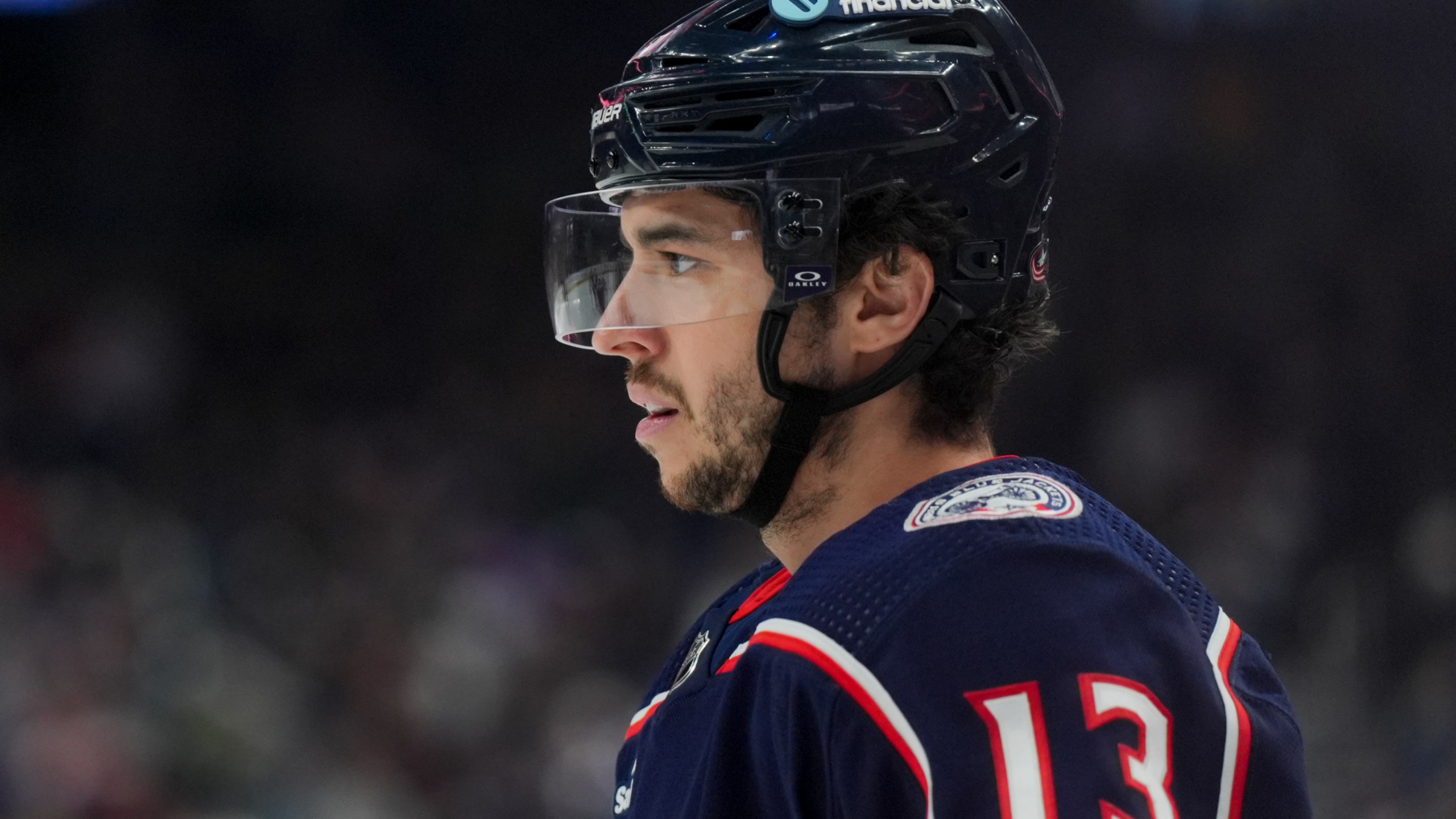 FILE - Columbus Blue Jackets' Johnny Gaudreau (13) awaits the face-off during an NHL hockey game against the Nashville Predators, Saturday, March 9, 2024, in Columbus, Ohio. (AP Photo/Aaron Doster, file)