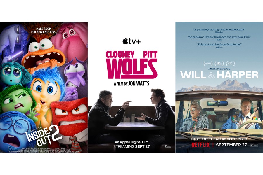 This combination of images shows promotional art for the films, "Inside Out 2," from left, "Wolfs," and "Will & Harper." (Disney/Apple TV+/Netflix via AP)