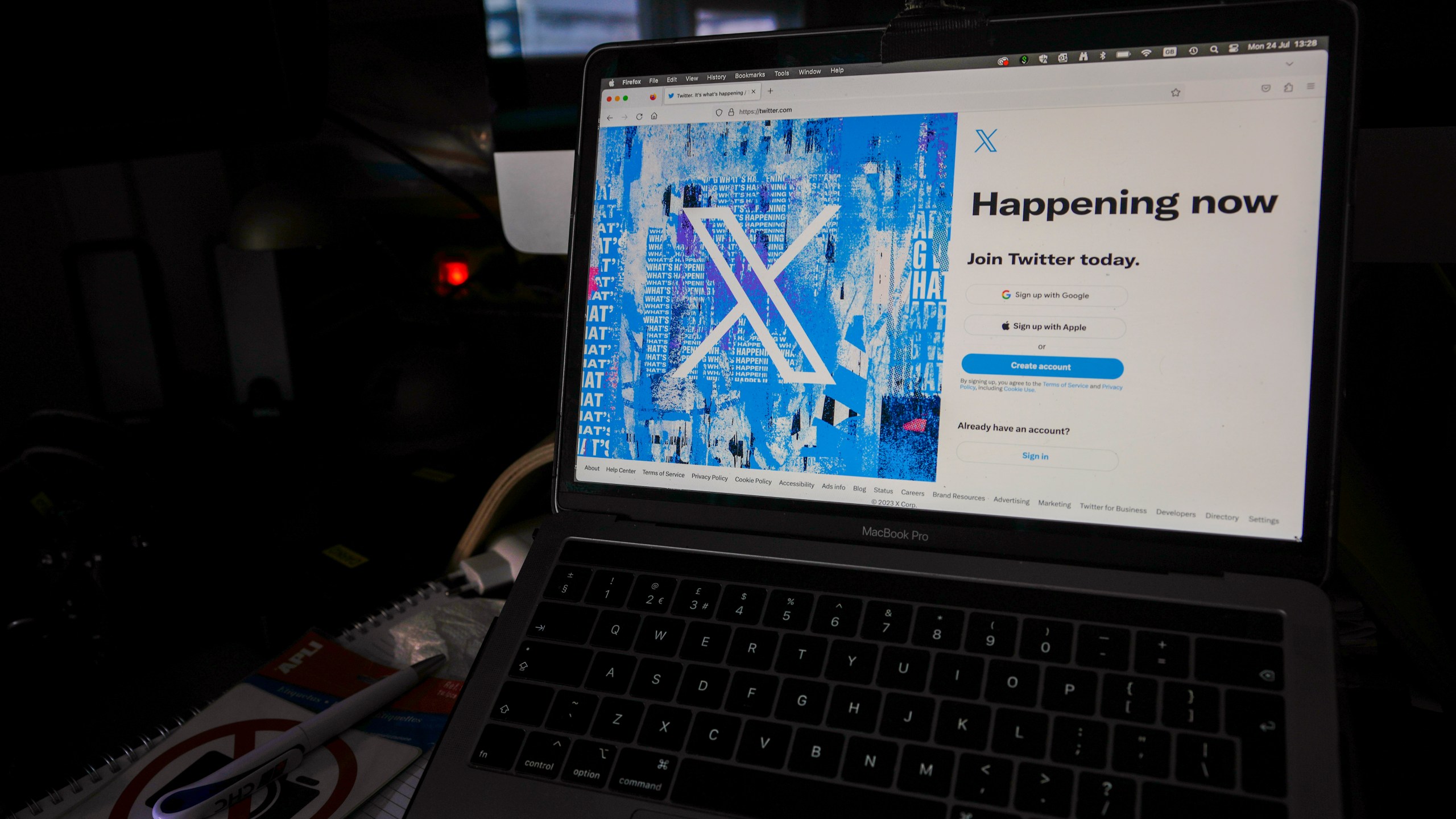 FILE - A view of a laptop shows the Twitter sign-in page with their logo, in Belgrade, Serbia, Monday, July 24, 2023. (AP Photo/Darko Vojinovic, File)