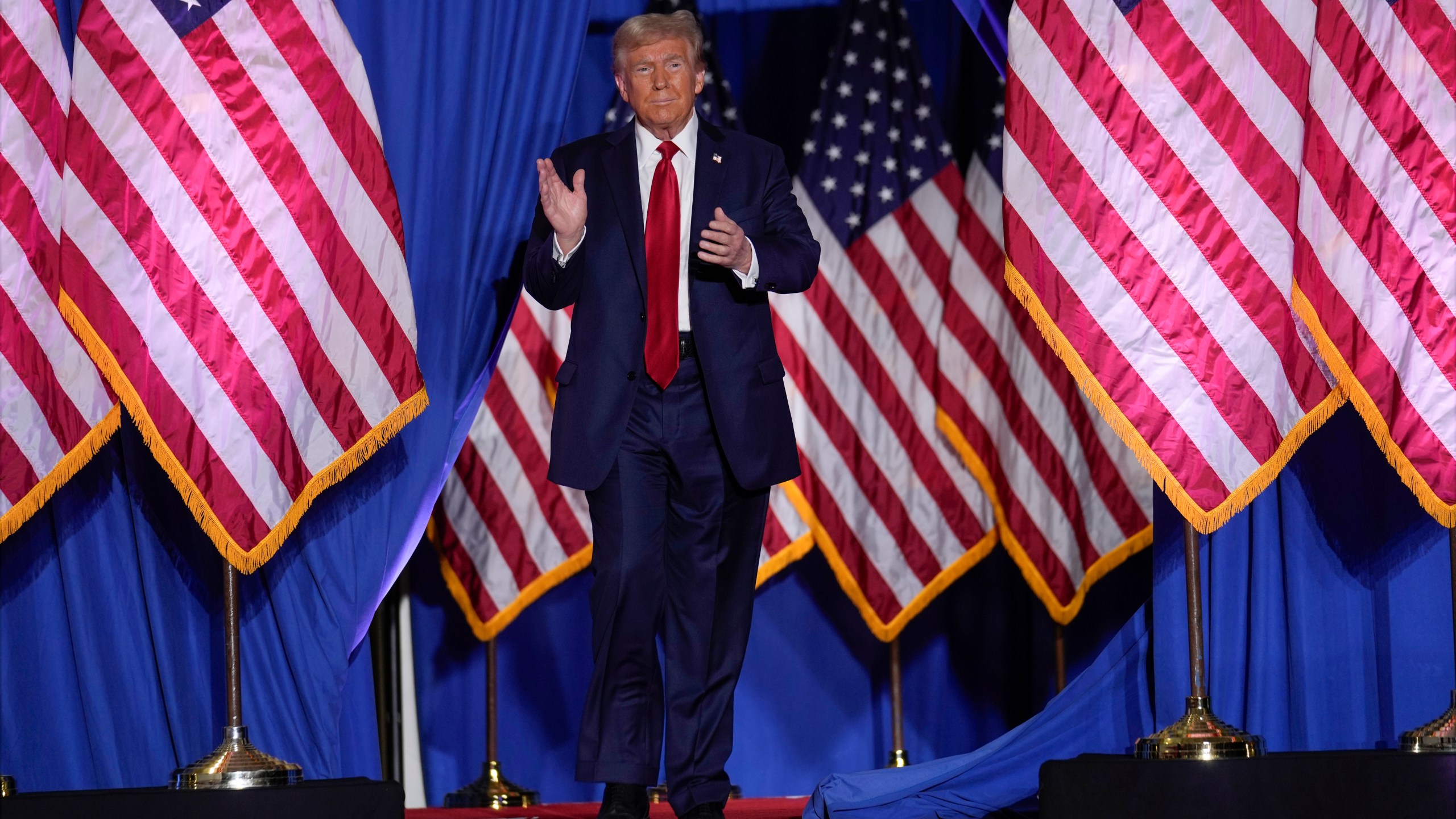 Republican presidential nominee former President Donald Trump arrives for a campaign event, Sunday, Sept. 29, 2024, in Erie, Pa. (AP Photo/Matt Rourke)