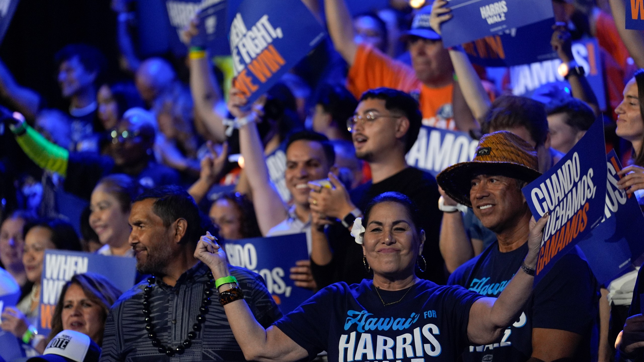 Attendees cheer during a rally for Democratic presidential nominee Vice President Kamala Harris on Sunday, Sept. 29, 2024, in Las Vegas. (AP Photo/Carolyn Kaster)