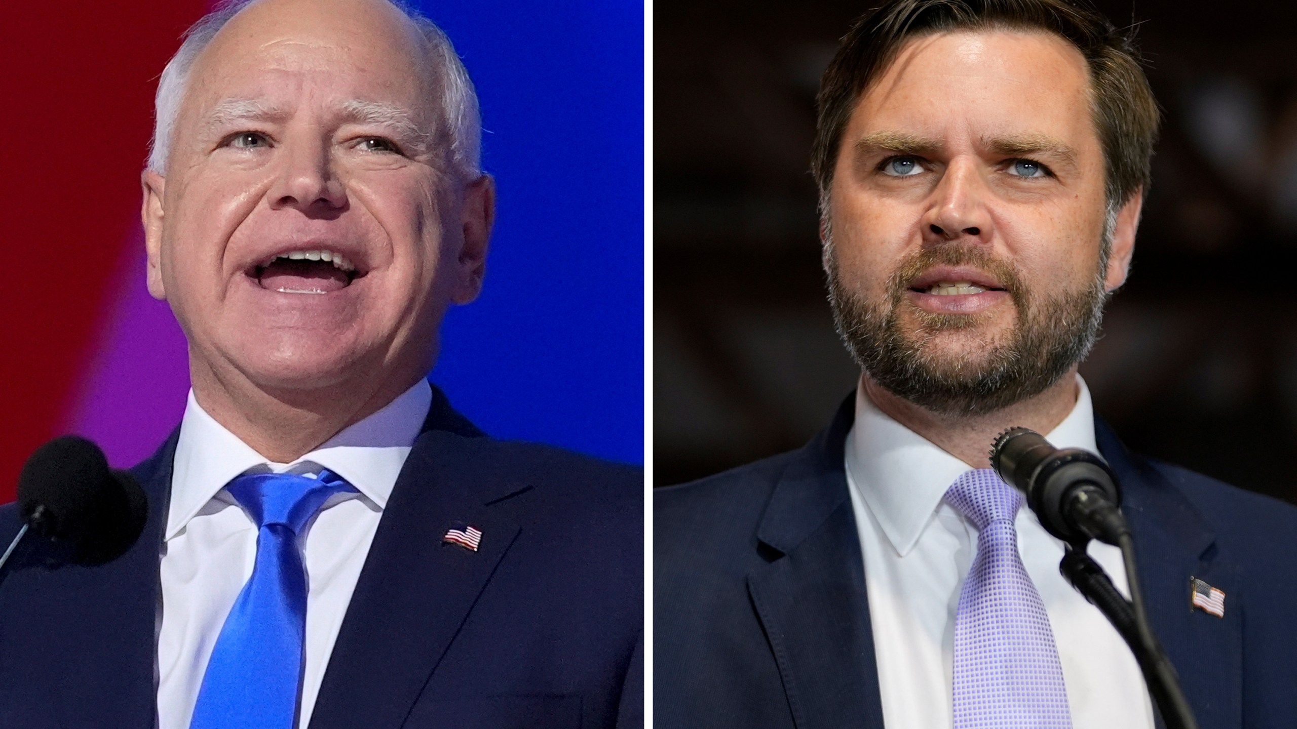 This combination of photos shows Democratic vice presidential candidate Minnesota Gov. Tim Walz, left, at the DNC on Aug. 21, 2024, in Chicago, and Republican vice presidential nominee Sen. JD Vance, R-Ohio, on Sept. 25, 2024, in Traverse City, Mich. (AP Photo)