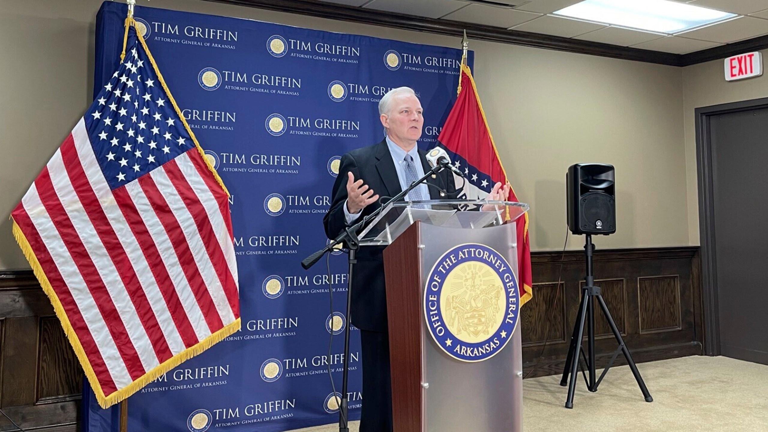 Arkansas Attorney General Tim Griffin speaks at a news conference in downtown Little Rock, Ark., on Monday, Sept. 30, 2024. Griffin's office filed a lawsuit against YouTube and parent company Alphabet, accusing it of fueling a mental health crisis among youth and being deliberately addictive. (AP Photo/Andrew DeMillo)