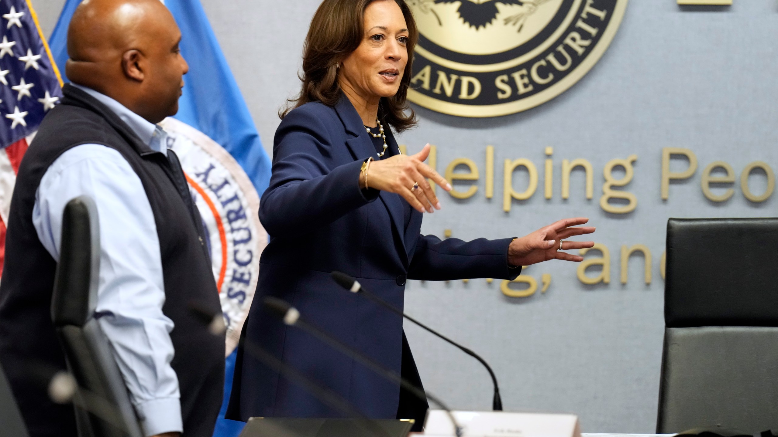 Democratic presidential nominee Vice President Kamala Harris attends a briefing at FEMA headquarters, Monday, Sept. 30, 2024, in Washington, on recovery and assistance efforts after Hurricane Helene. (AP Photo/Jacquelyn Martin)